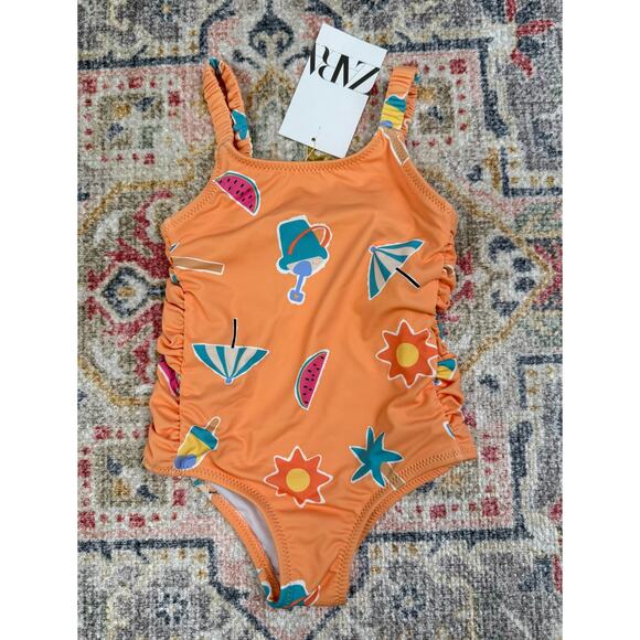 NWT Zara Girls' Orange Beach Print Swimsuit Size 2-3 - Picture 2 of 4